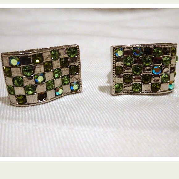 Neiman Marcus Crystal Aurora Borealis Crystal Rhinestones Damier Clip Earrings - Picture 6 of 7